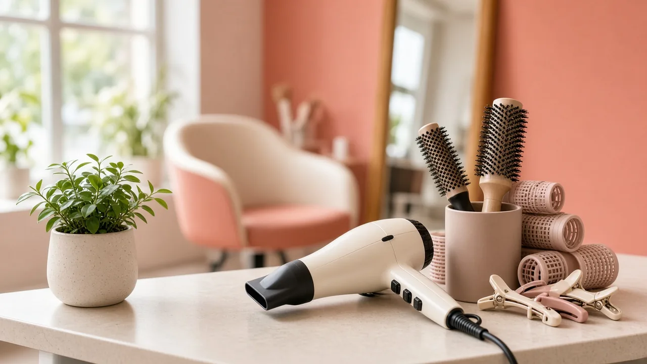 A blow dryer, round brushes, hair rollers and clips on a salon counter beside a small plant, with an empty styling chair behind